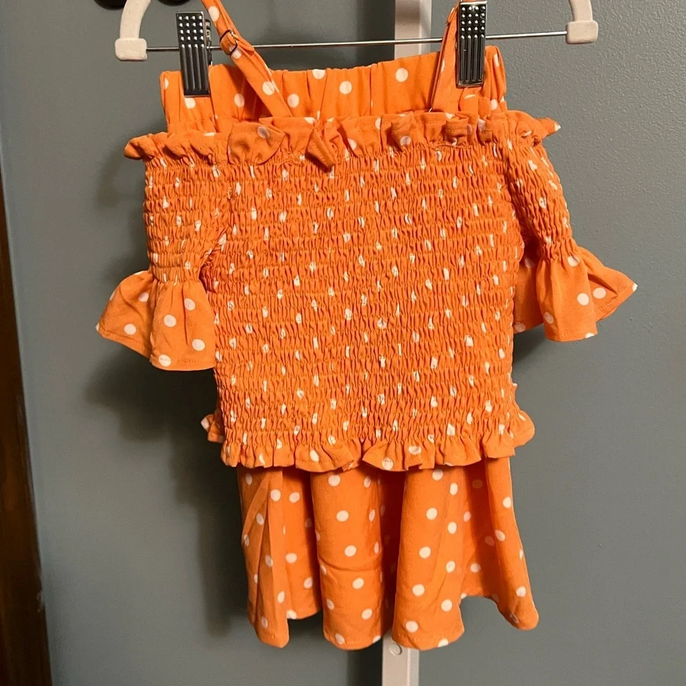 Orange Polka Dot Smocked Two-Piece Set Shirt and Skirt NWOT Boutique 6-7
